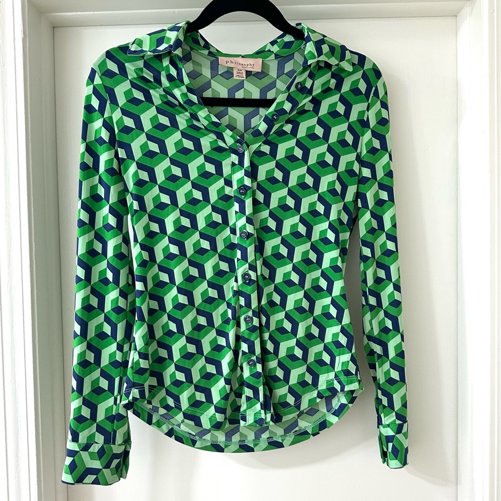 Philosophy Green and Blue Geometric Asymmetric Button Down Shirt, Size S